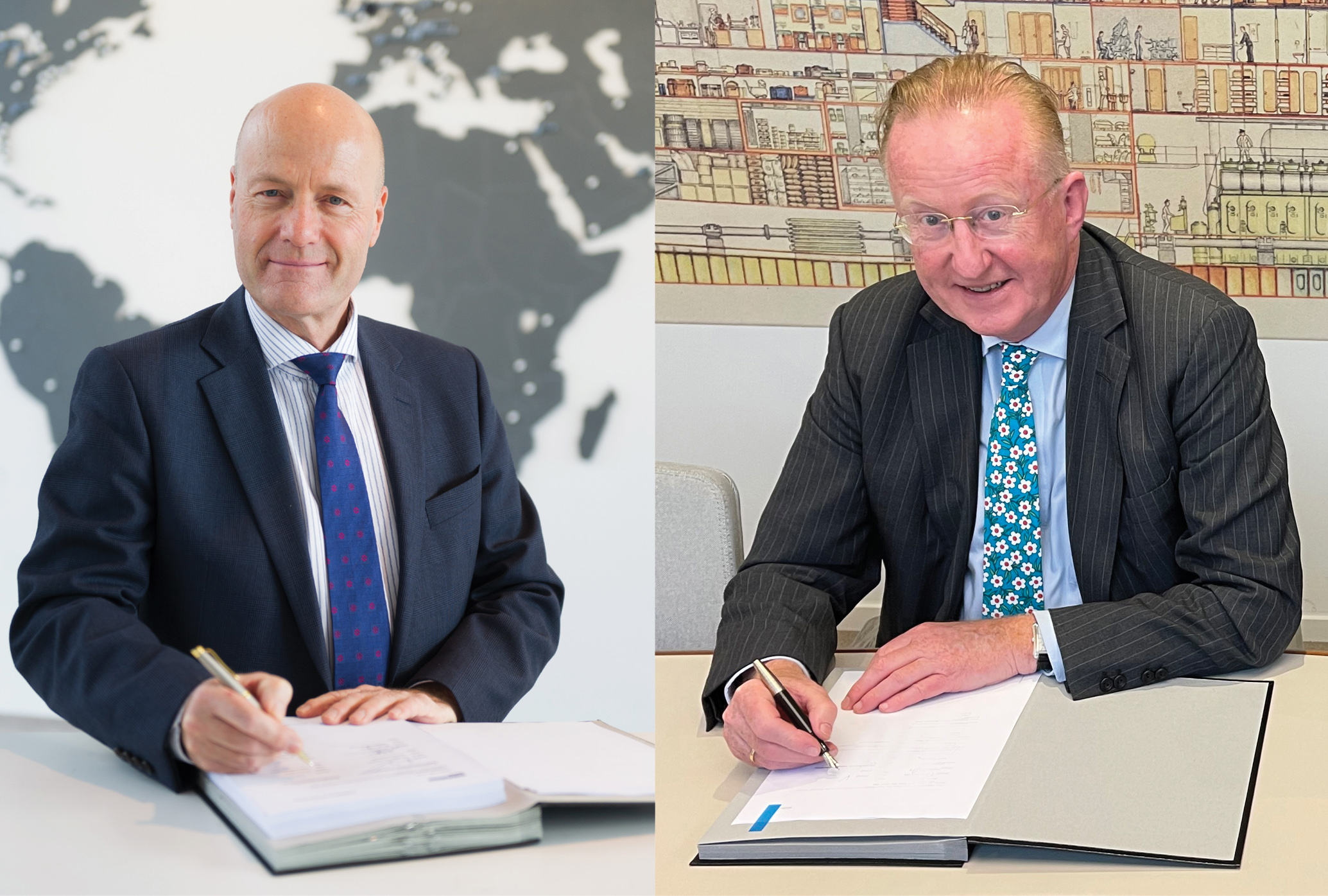 Knut Müller, Vice President Global Governmental at Rolls-Royce business unit Power Systems (left), and Hein van Ameijden, Managing Director of Damen Naval, signed the contract for the automation solutions for the four new F126 frigates for the German Navy. Due to the COVID-19 pandemic they were physically separated from each other.