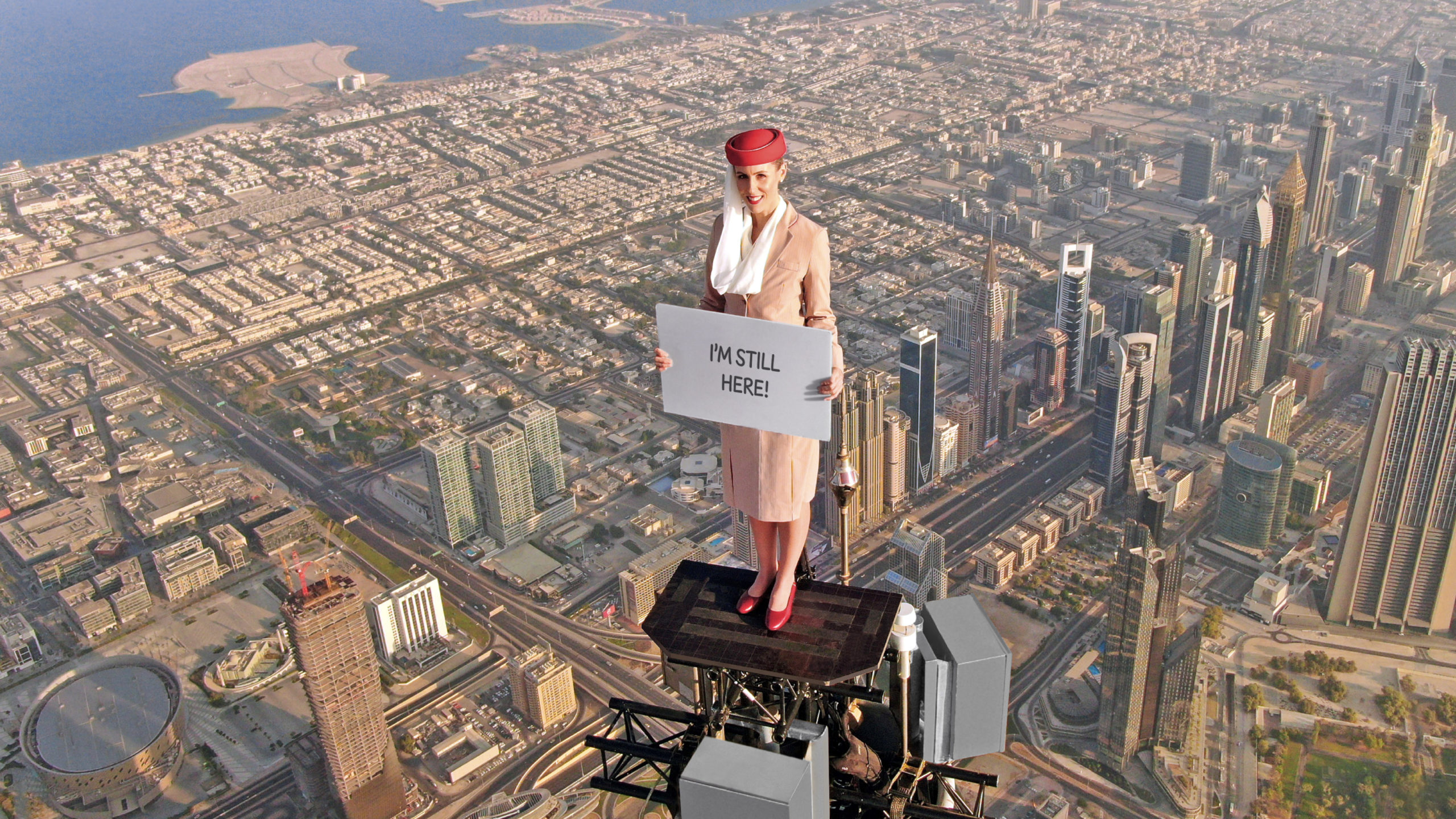 The brave stuntwoman is standing at the pinnacle of the Burj Khalifa by Emaar once again, holding up message boards with an invitation to visit the world’s greatest show, Expo 2020 Dubai, on the iconic Emirates A380.