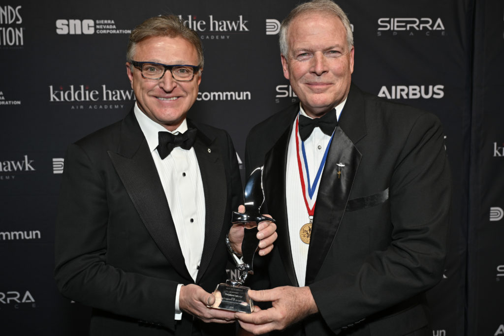Marc Parent (left), is presented with the award by Pete Bunce, President and CEO of the General Aviation Manufacturer’s Association (GAMA). Photo: 2022 Living Legends of Aviation