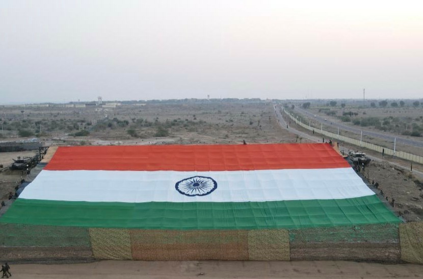 The Indian Army unveiled a monumental National Flag of size 225 feet by 150 feet at Jaisalmer Military Station