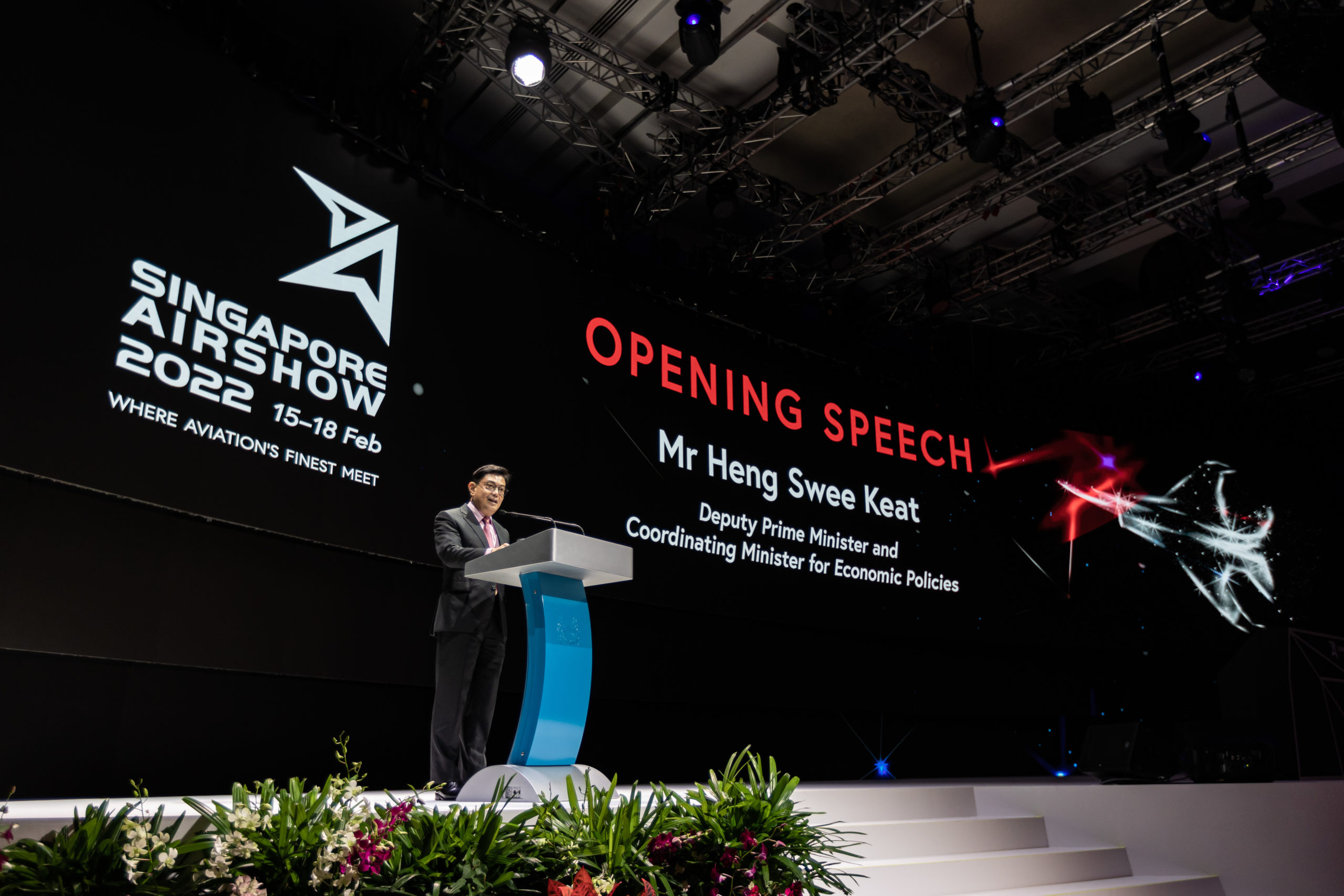 Singapore Deputy Prime Minister and Coordinating Minister for Economic Policies Mr Heng Swee Keat delivering the opening address at the Opening Ceremony of Singapore Airshow 2022. Photo: Singapore Airshow 2022