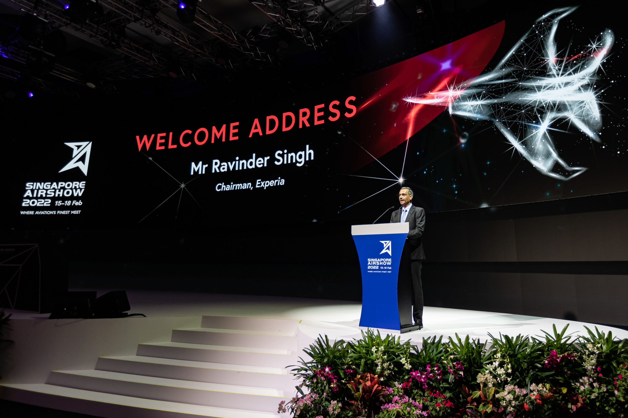 Chairman of Experia Mr Ravinder Singh delivering the welcome address at the Opening Ceremony of Singapore Airshow 2022 Opening Ceremony of Singapore. Photo: Singapore Airshow 2022